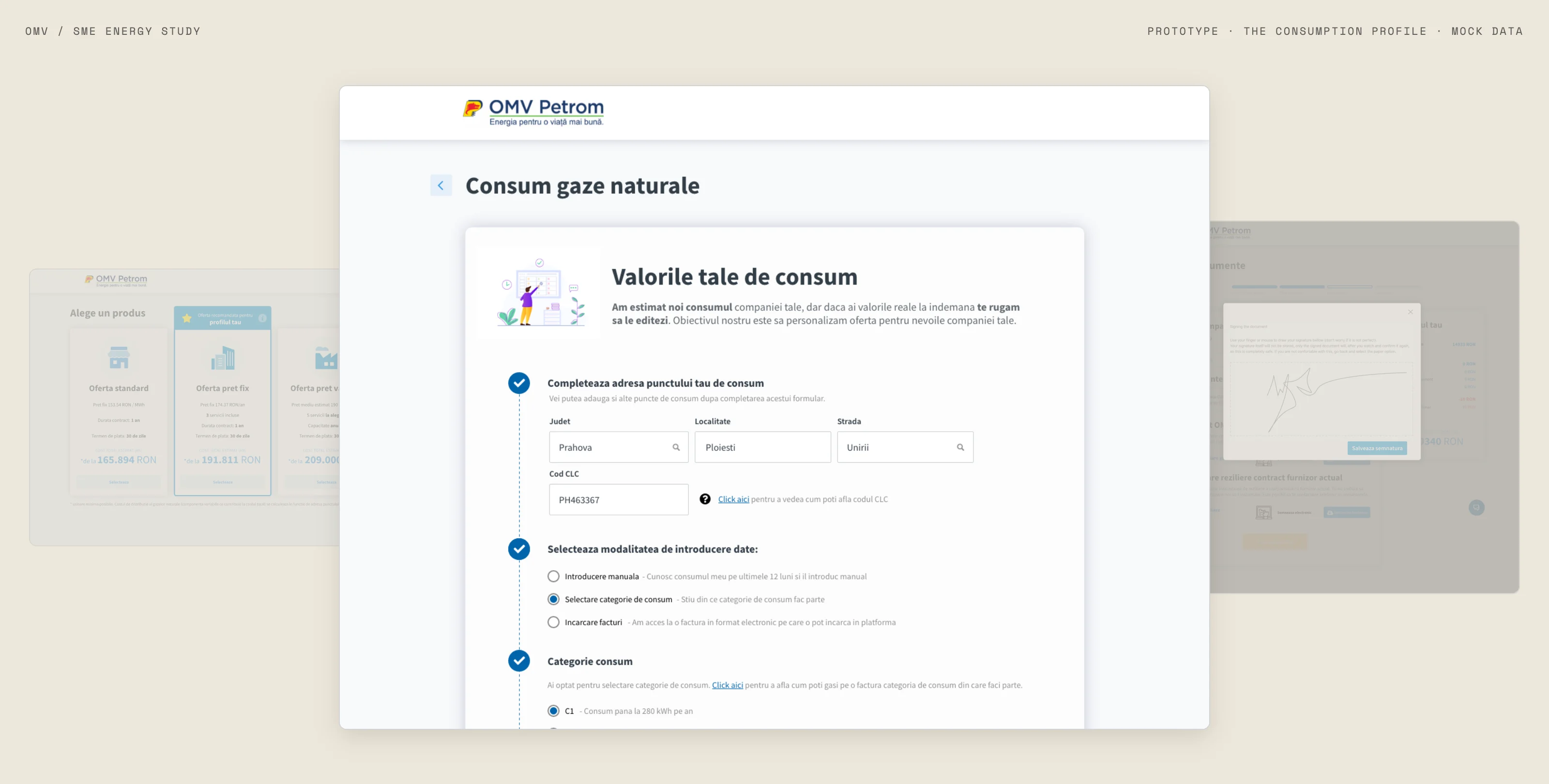 The prototype's consumption-profile step: address and consumption inputs with three ways to provide the data, flanked by the offer-selection and digital signature screens
