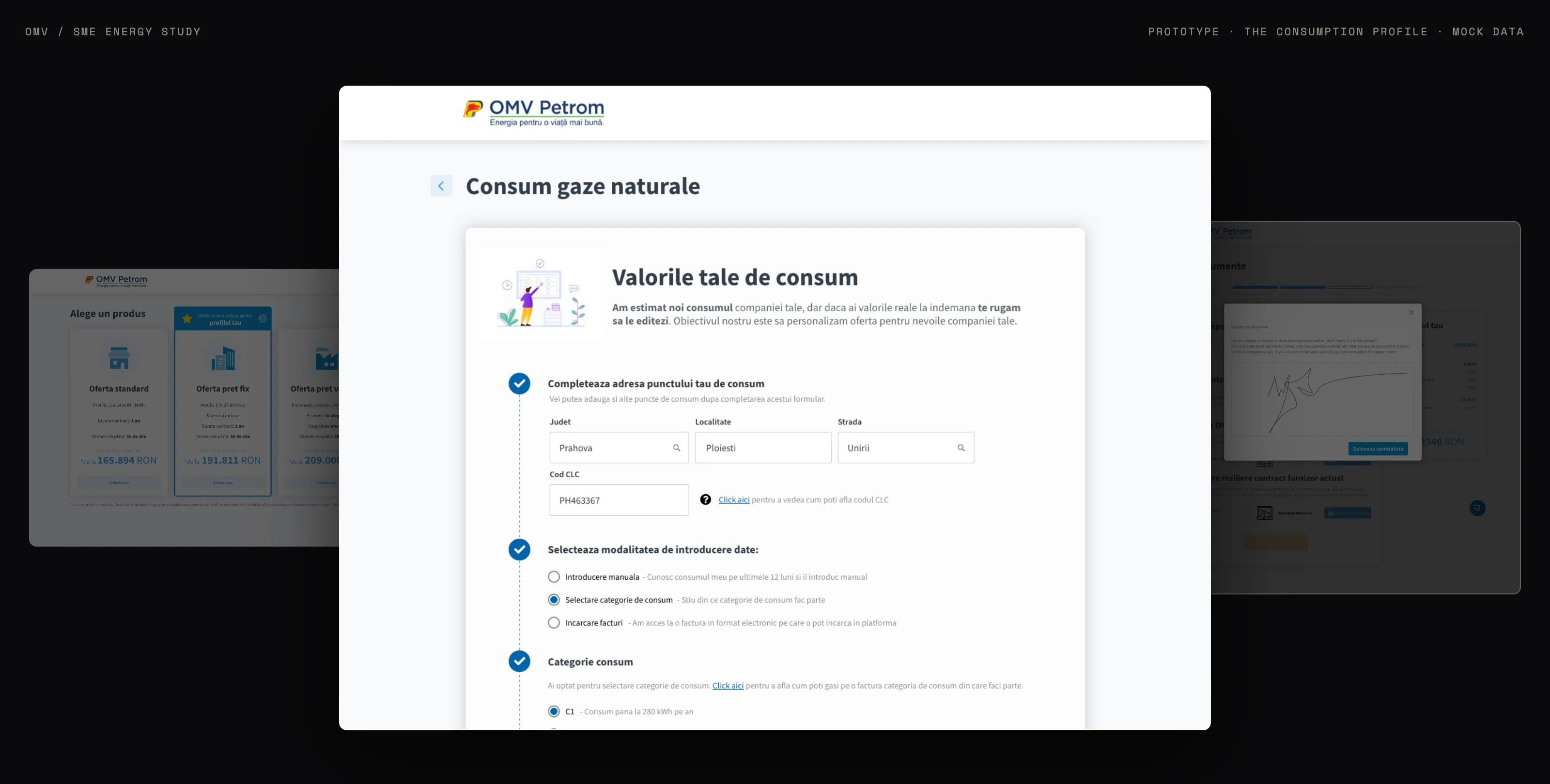 The prototype's consumption-profile step: address and consumption inputs with three ways to provide the data, flanked by the offer-selection and digital signature screens