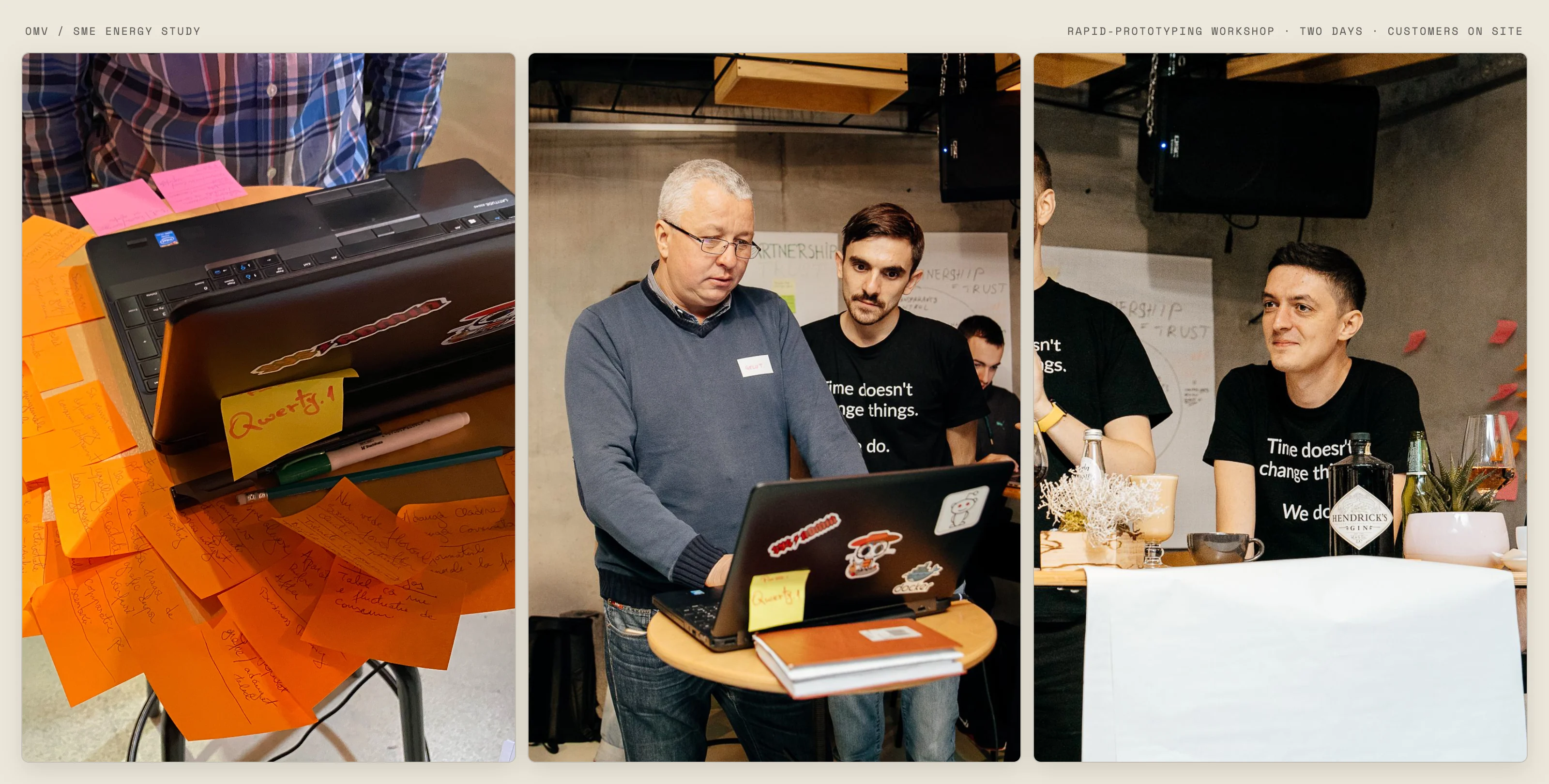 Three photos from the two-day rapid-prototyping workshop: a team's laptop covered in sticky-note feedback, a customer testing the prototype on a laptop, and participants between testing rounds