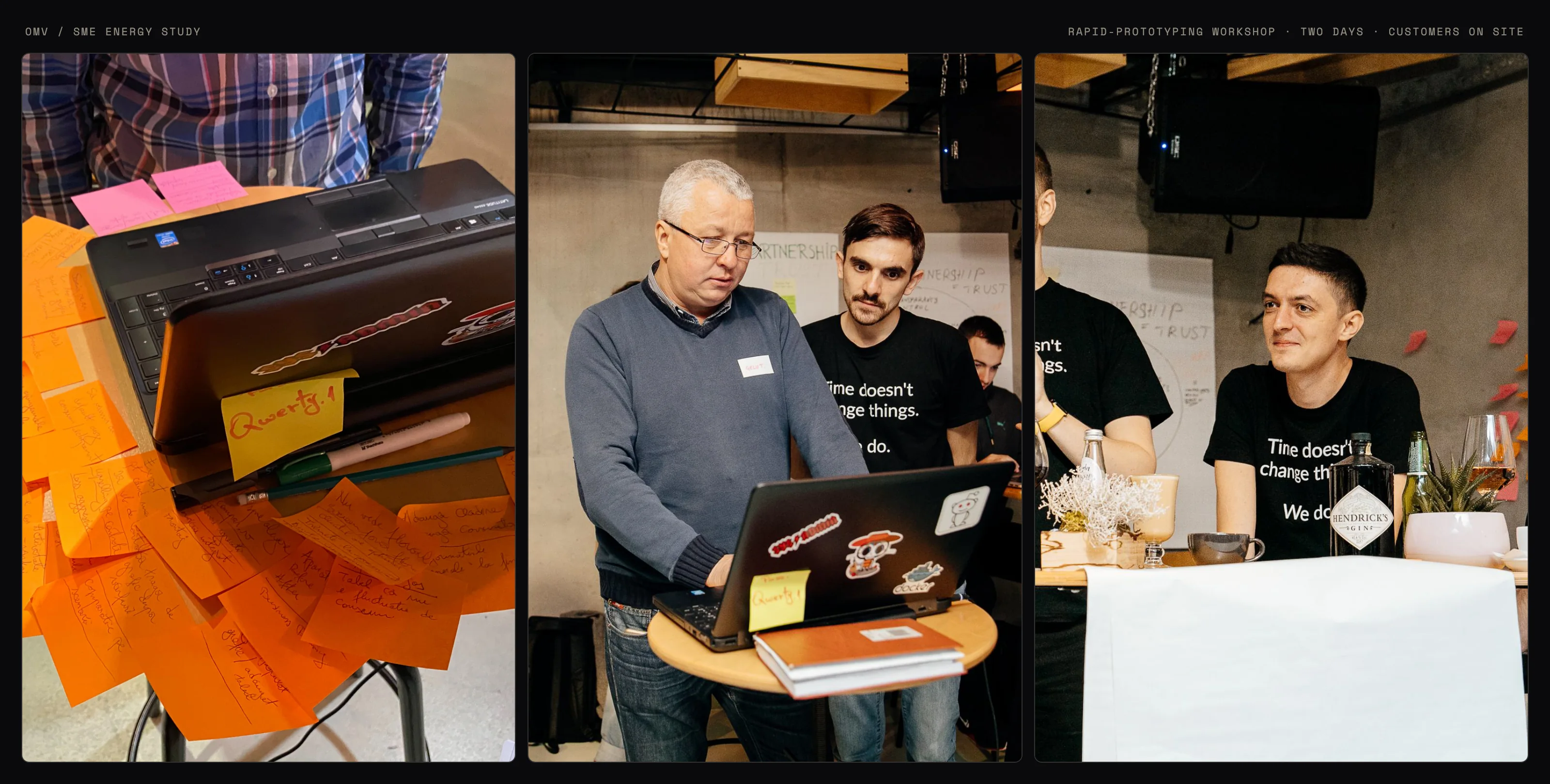 Three photos from the two-day rapid-prototyping workshop: a team's laptop covered in sticky-note feedback, a customer testing the prototype on a laptop, and participants between testing rounds