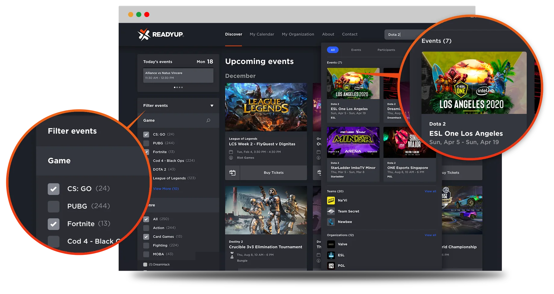 ReadyUP search and filters, with a magnified detail of an ESL One event surfacing in the results