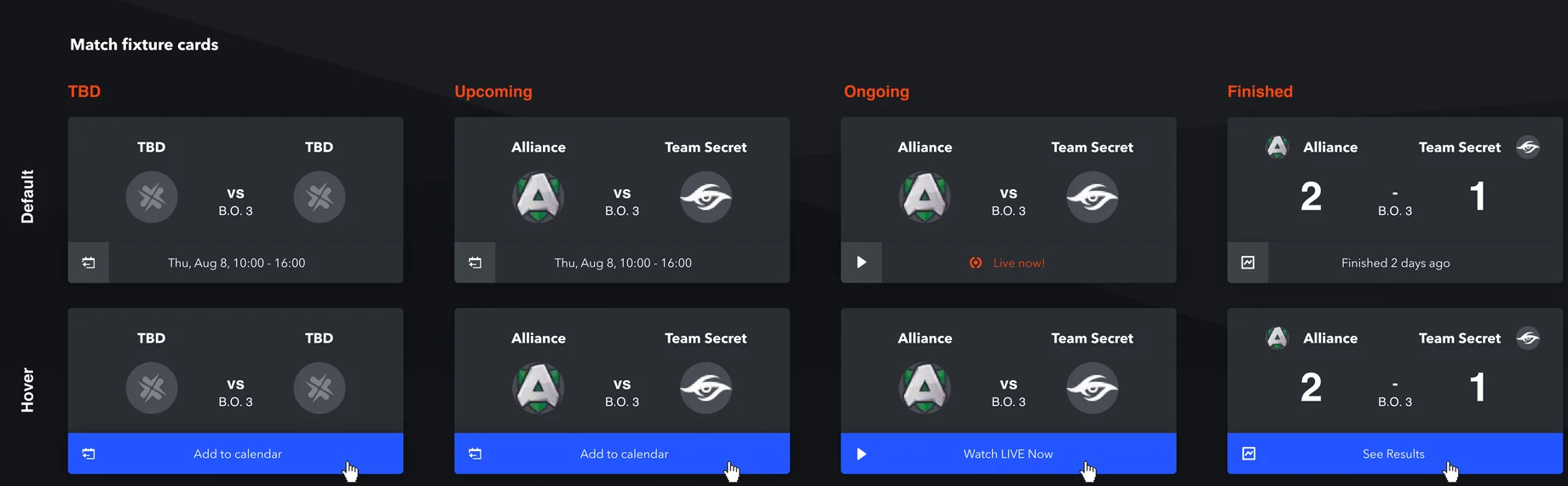 The match fixture card from the component library, in its four states: TBD, Upcoming, Ongoing with a live signal, and Finished with the score