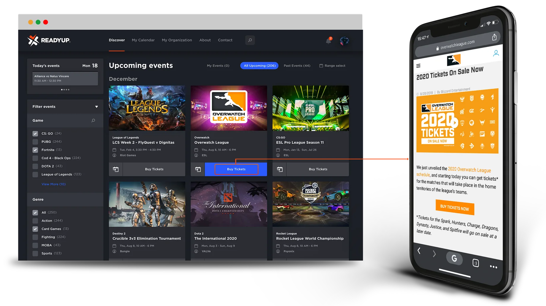 The tickets flow: a buy action on an event card routing to the organizer's ticket page on mobile
