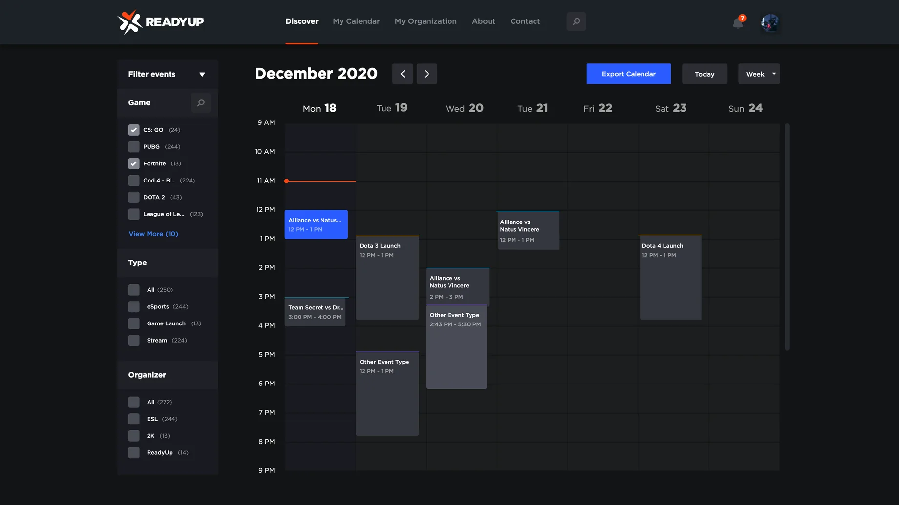 The ReadyUP calendar: a week of tracked events, filtered by game, type and organizer, with export to any calendar