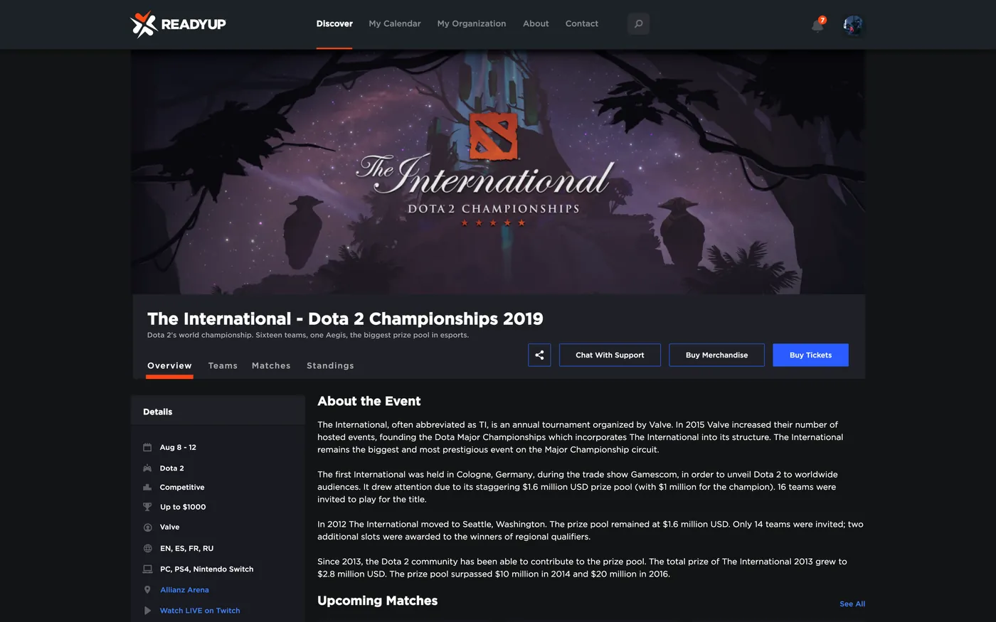 A ReadyUP event page: The International 2019, with details, participants, upcoming matches, streams, tickets and merchandise