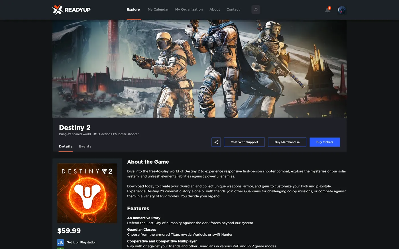 A ReadyUP game page: Destiny 2, with where to buy, a description, and every event running on it