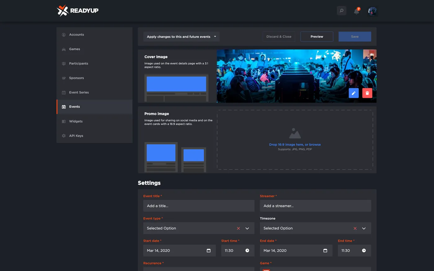 The event editor: cover and promo images, schedule, settings and a rich-text description