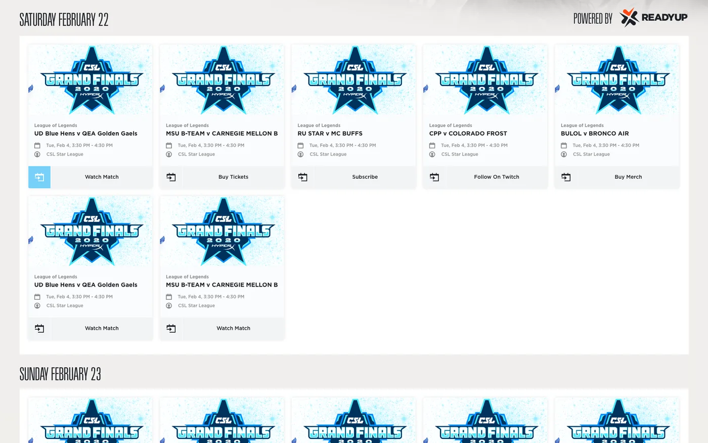 Collegiate StarLeague schedule page with ReadyUP event cards embedded, marked Powered by ReadyUP