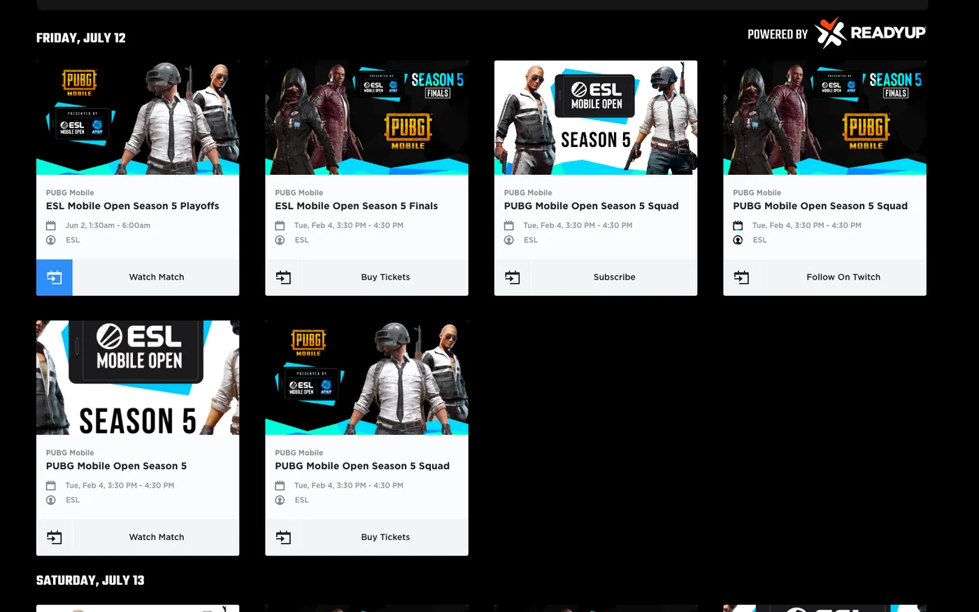 ESL Mobile Open page with ReadyUP event cards embedded, marked Powered by ReadyUP