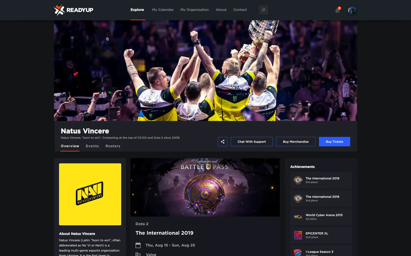 A ReadyUP team page: Natus Vincere, with a live match, achievements, rosters per game, and the social feed