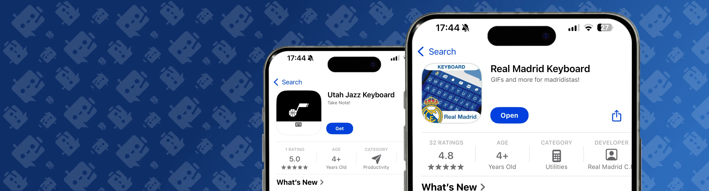 Two iPhones on a blue gradient tiled with the Tappa robot pattern, showing the Utah Jazz Keyboard and the Real Madrid Keyboard App Store pages, the Real Madrid one listed under the club's own developer name