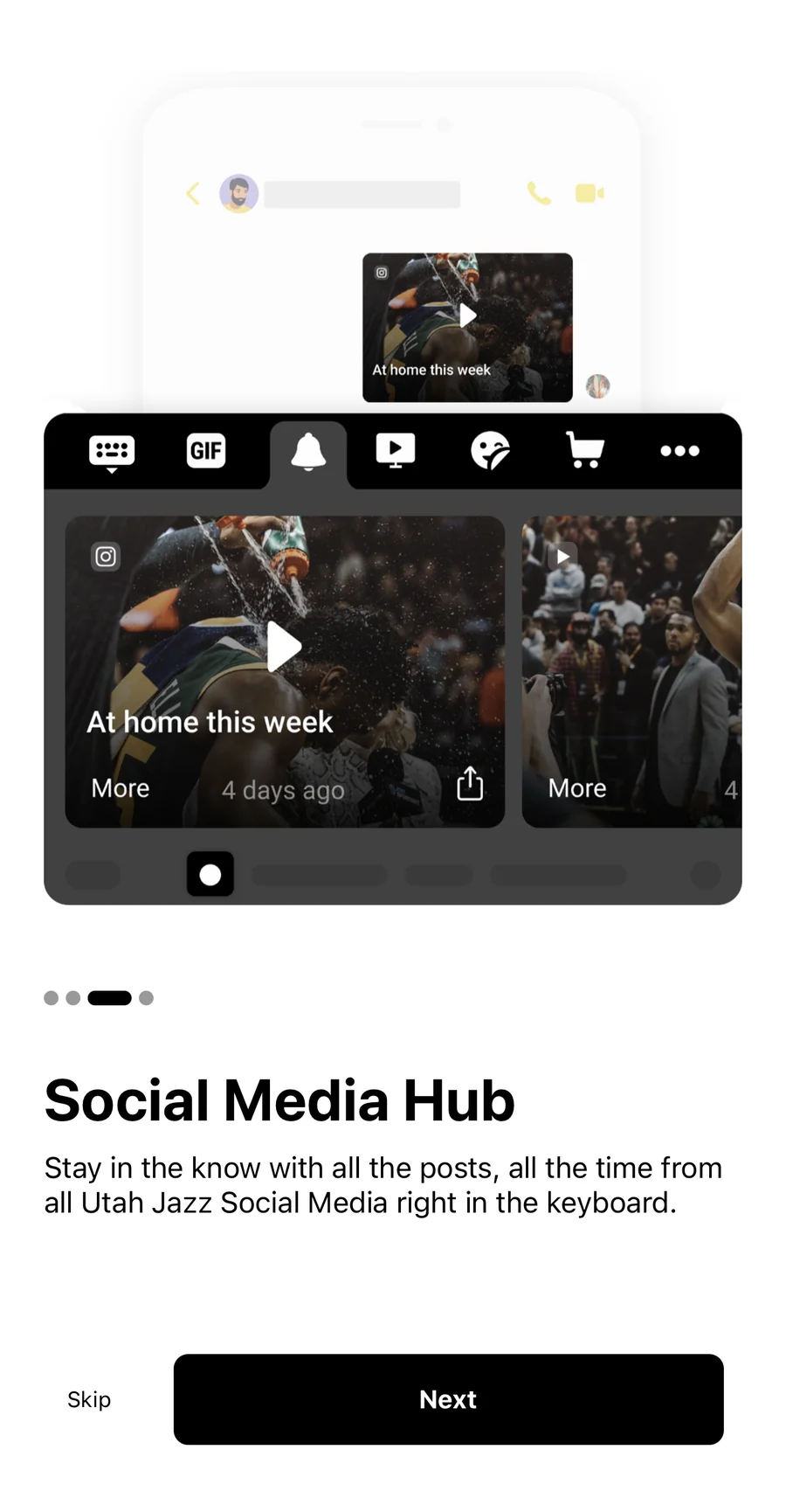 Utah Jazz Keyboard onboarding screen titled Social Media Hub: the keyboard toolbar with the social feed open, showing Jazz video posts inside the keyboard