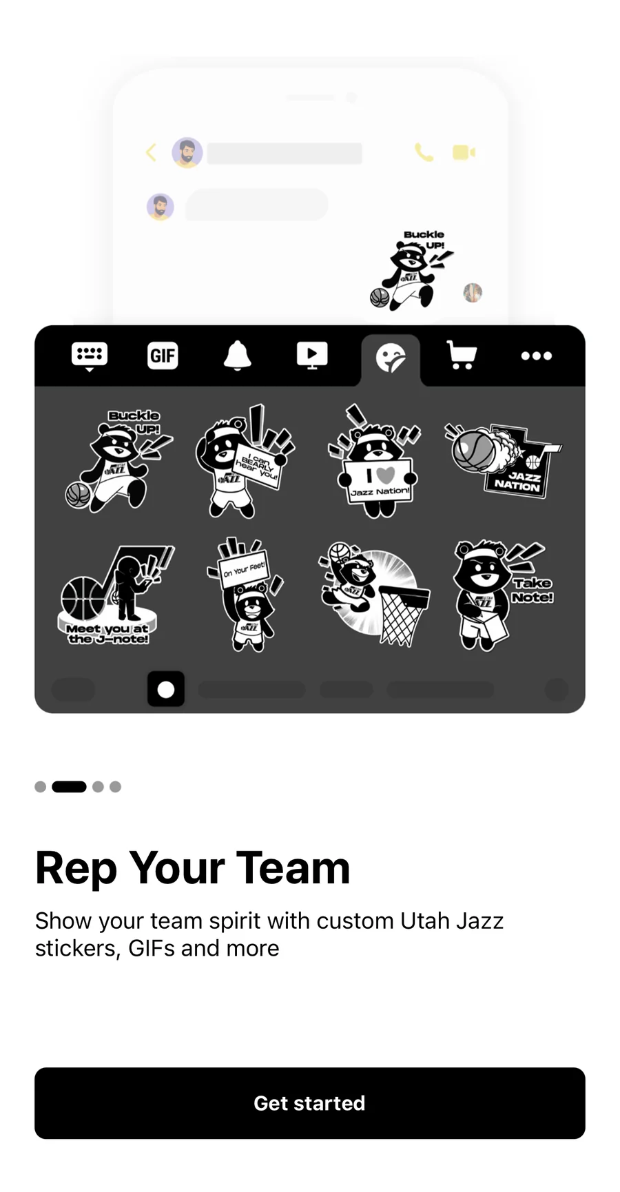 Utah Jazz Keyboard onboarding screen titled Rep Your Team: the keyboard with the sticker panel open, showing custom Jazz stickers, and a Get started button